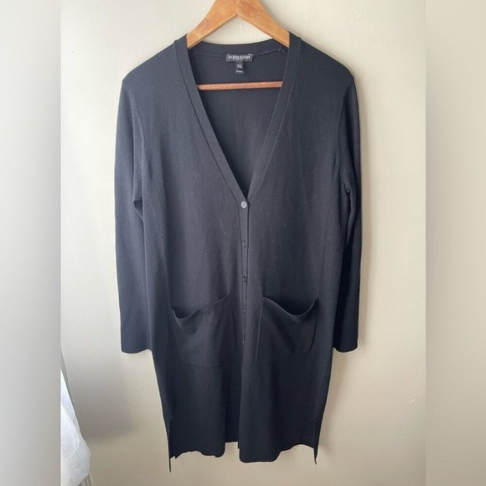 Eileen Fisher Wool button Front 2 Pocket Cardigan Sweater MP Black Long Sleeve